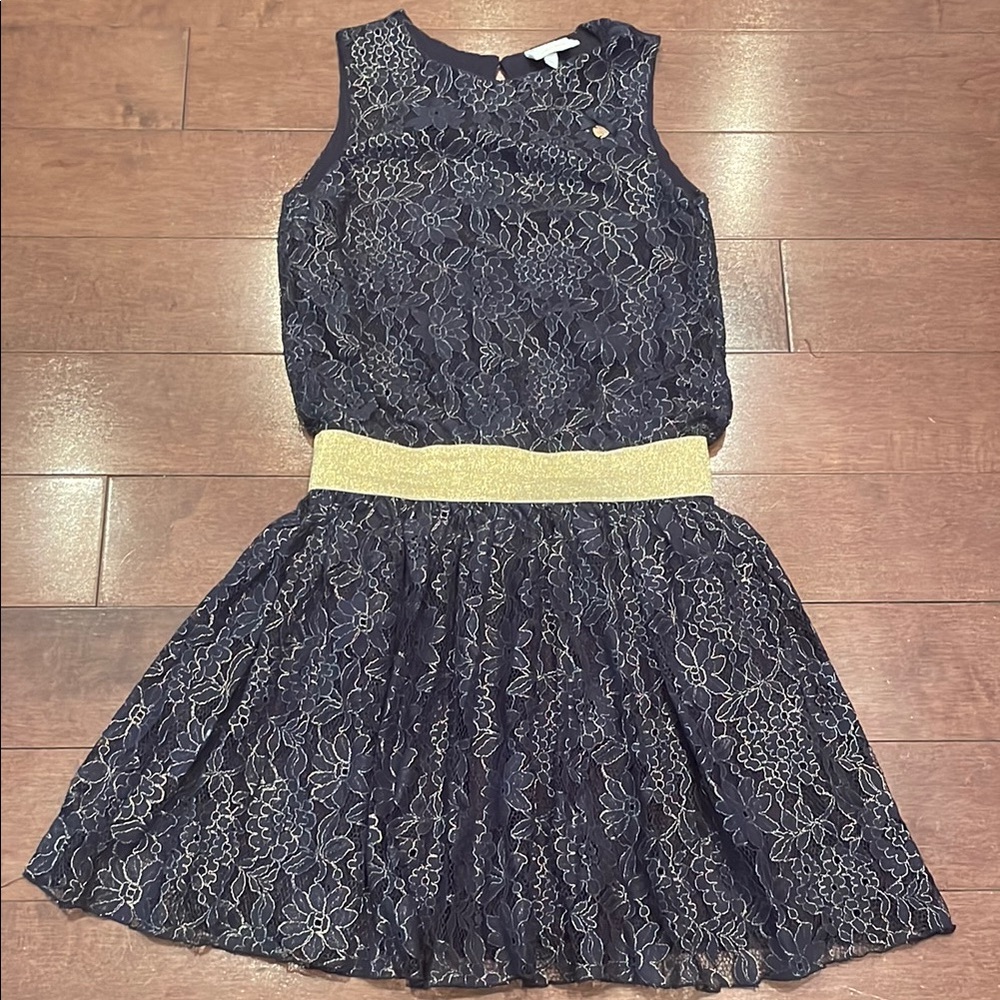 LeChic Navy Blue Fit and Flare Sleeveless Lace Dress